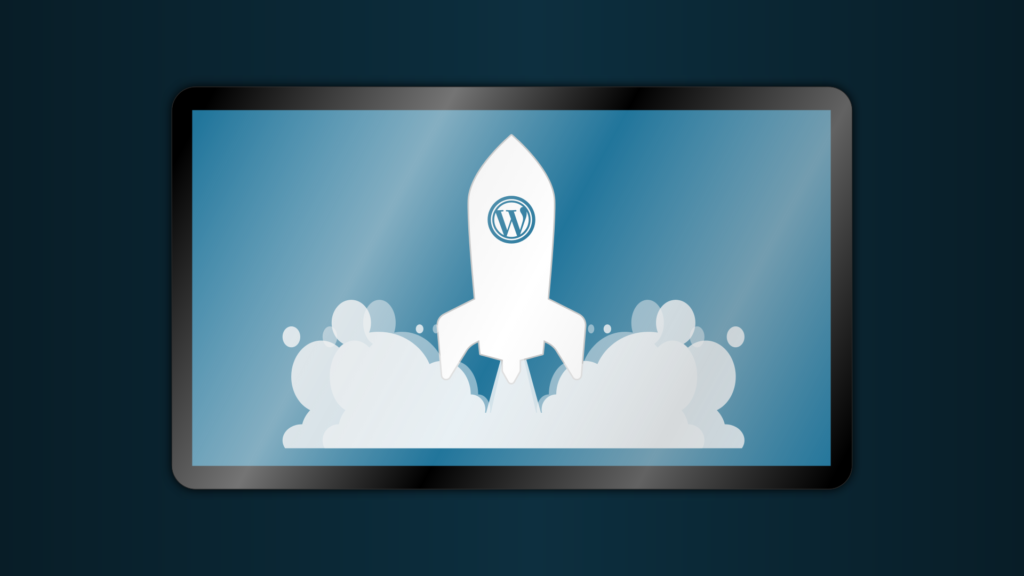 ilustracja startującej rakiety z logo wordpress